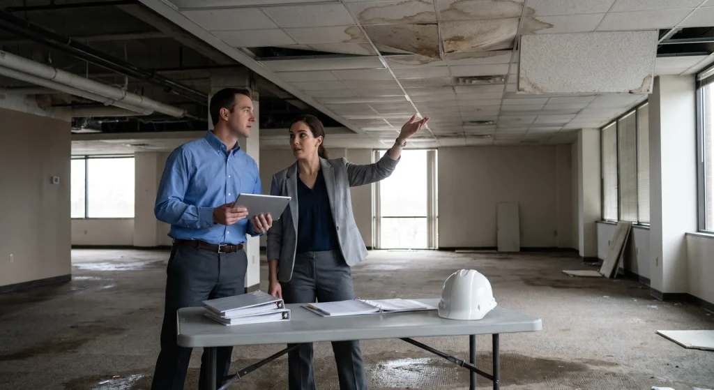 General Contractor vs Restoration Contractor: What's the Difference? Restoration project manager explaining scope and insurance coordination to Freeport, FL homeowner